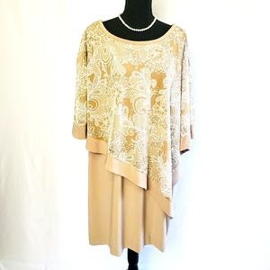 R&M Richards Tan Poncho Dress with Lace Detail